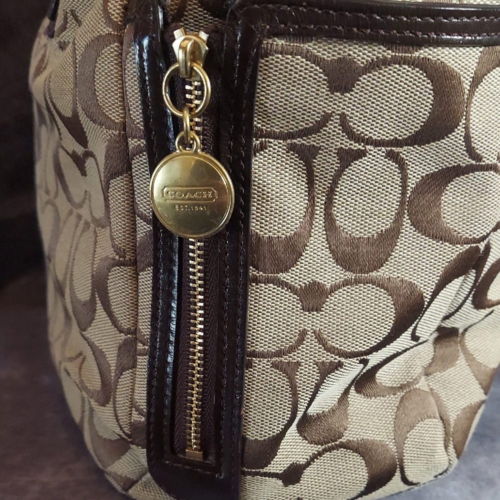Coach Signature Demi Zip Shoulder Bag Khaki Brown Leather Jacquard Gold #19249 - Picture 3 of 12